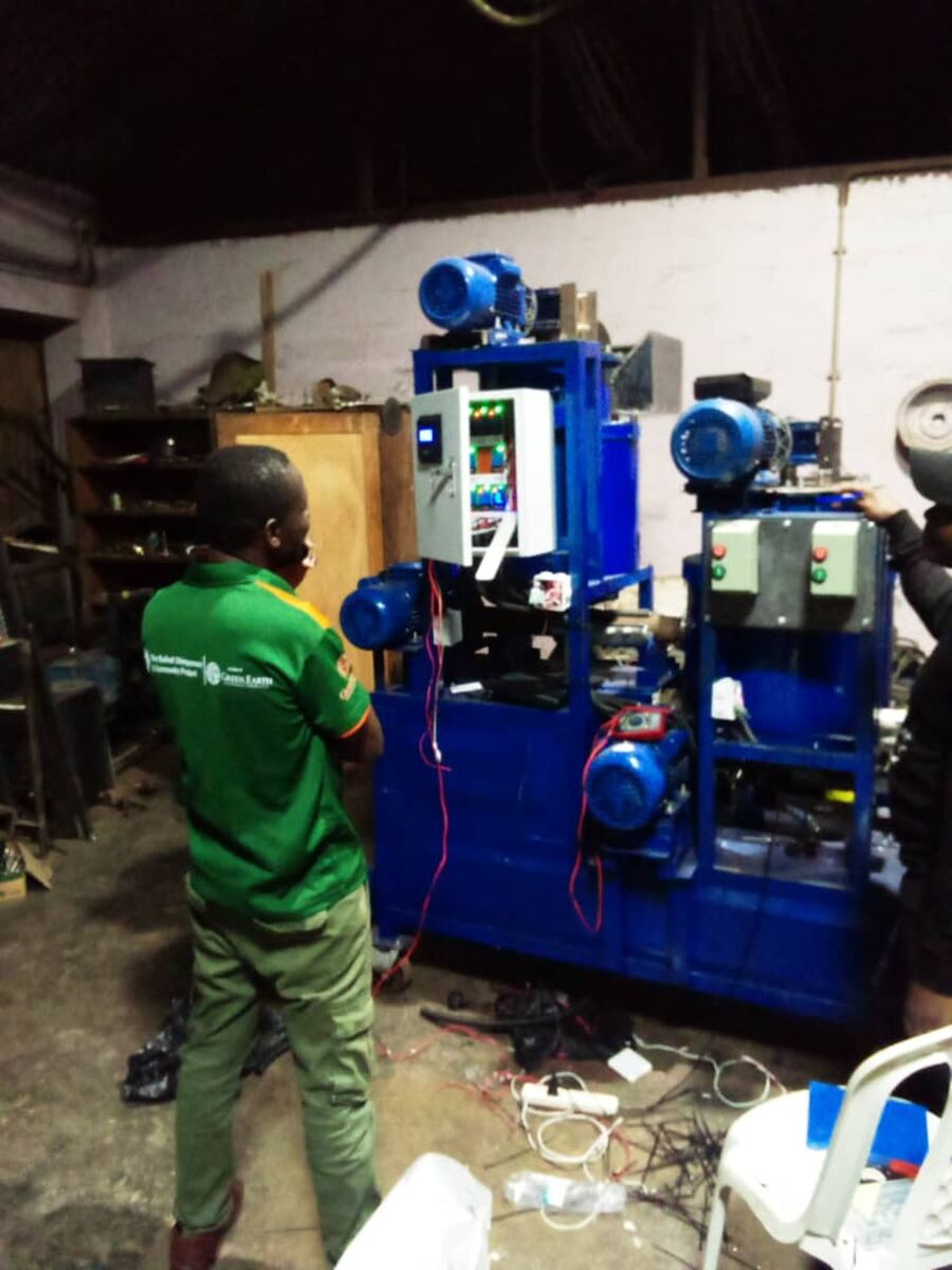 Plastic recycling machinery at the Ecobrix centre in Masaka