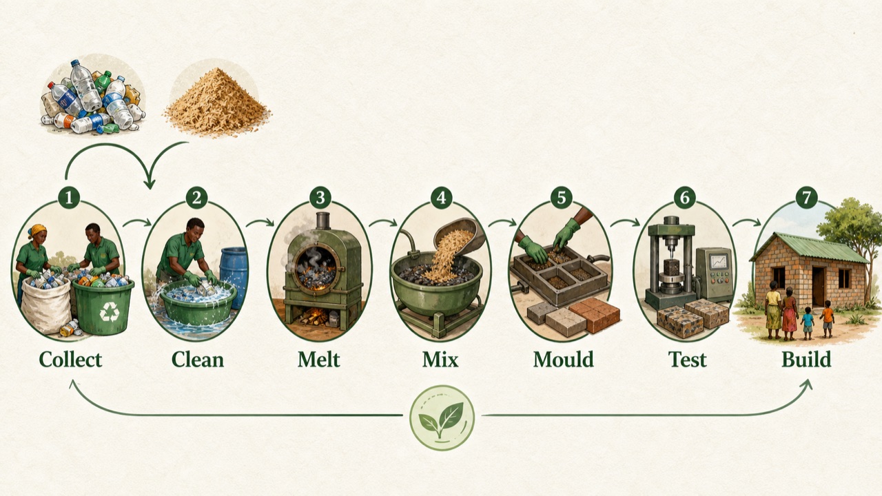Process flow diagram: collect plastic waste, clean it, melt it in a closed system, mix in sawdust, mould bricks and pavers, test them, then use them in low-cost housing